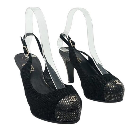 Chanel Tweed Slingback Cap Toe CC Logo Pumps Black Size 38 - Picture 2 of 12